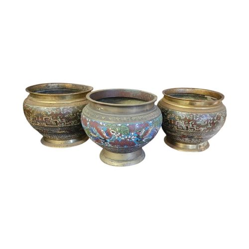 Set of 3 Large Chinese Bronze Champlevé Enamel Jardinières Late Qing / Republic C.1900