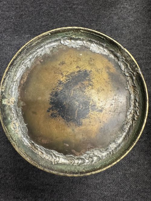 fig 6. A set of three bulbous antique Chinese bronze jardinieres featuring colourful champleve enamel floral decoration around their midsections.
