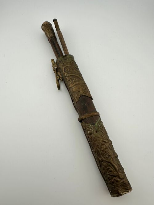 19th Century Chinese Qing Travelling Eating Set Trousse Knife Chopsticks Brass Sheath