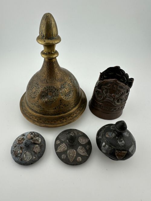 5 Piece Antique Persian Qajar & Eastern Metalware Group Incense Burner Cover C.1880