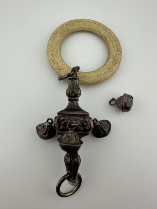 1930s Birmingham Silver Mr Punch Baby Rattle Teether with Bells C.1938
