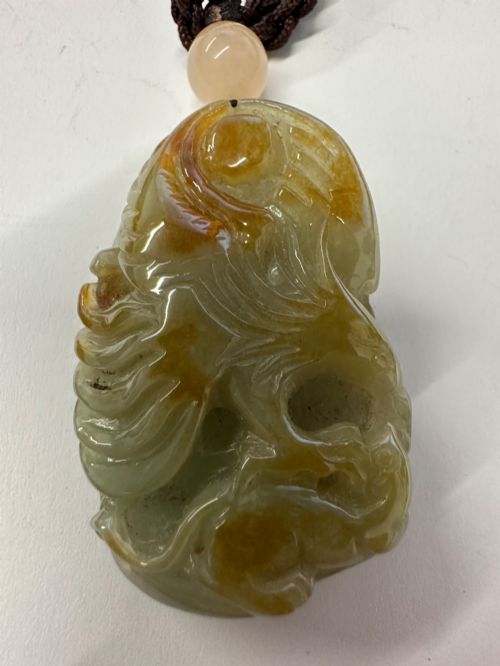 Chinese Carved Jade Phoenix & Tree Pendant Necklace Yellow Green Russet Stone C.1930