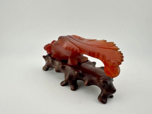 fig 4. A translucent terracotta orange carnelian agate sculpture of a fantail goldfish positioned on a carved dark brown hardwood stand.