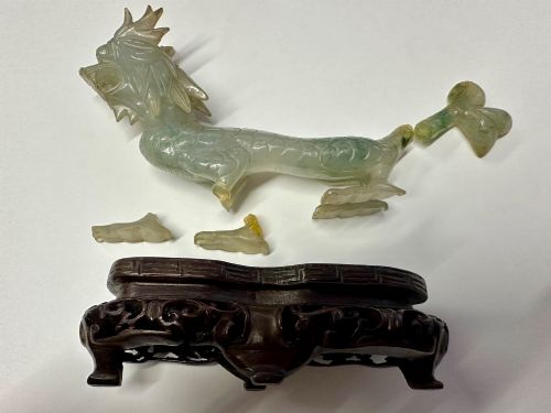 Antique Chinese Carved Pale Green Jade Dragon on Pierced Hardwood Stand C.1935 – Restoration Project