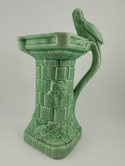 1930s Wade England Art Deco Green Pottery Bird Handle Architectural Jug Vase 19cm