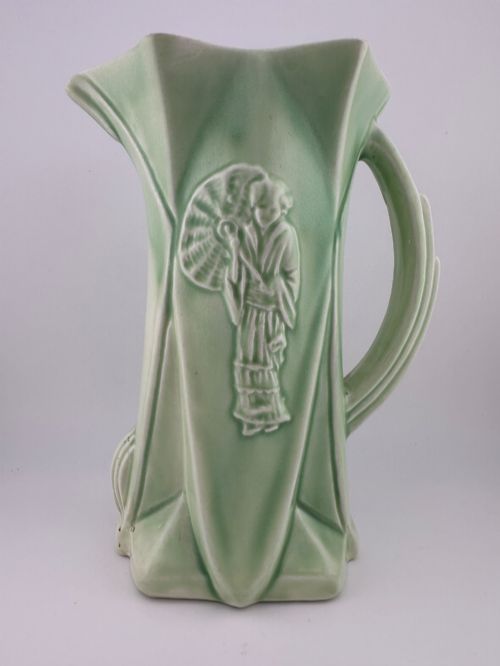 1930s Delcroft Ware Art Deco Green Oriental Geisha Jug Vase J T Fell No.727 18.5cm
