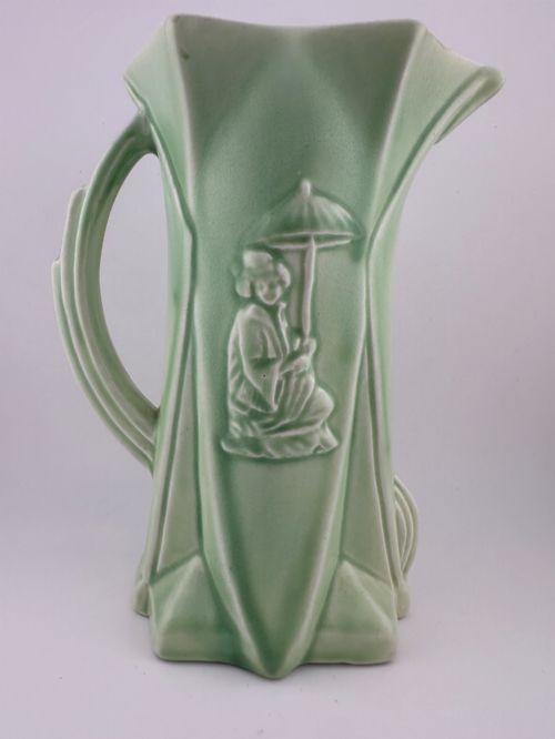 fig 1. 1930s Delcroft Ware Art Deco Green Oriental Geisha Jug Vase J T Fell No.727 18.5cm