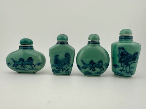 Four Snuff Bottles Chinese Celadon-green Porcelain – Horses, Birds & Daoguang Marks