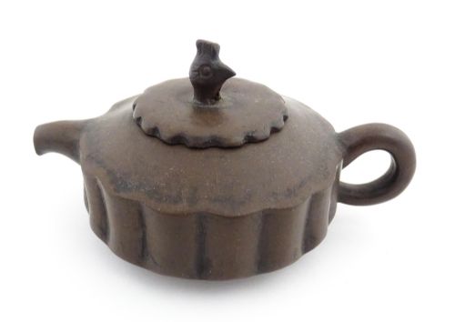 Small Chinese Yixing Zisha Lobed Teapot Bird Finial Seal Marks Republic Period C.1930-40