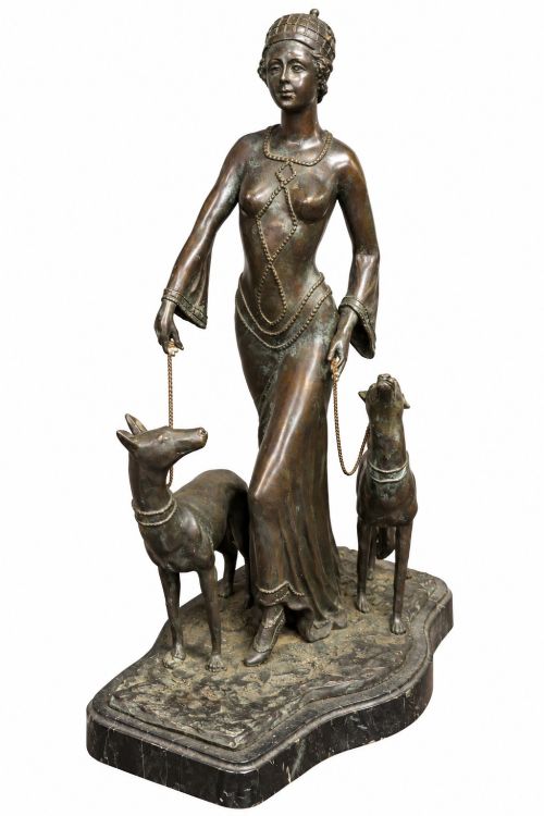 Large Art Deco Style Bronze Lady with Two Greyhounds – After Georges Gori ‘The Guardians’ Statue