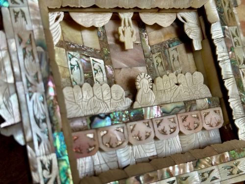 fig 5. An antique hand-carved mother of pearl and abalone shell diorama frame depicting the Last Supper with elaborate cresting.