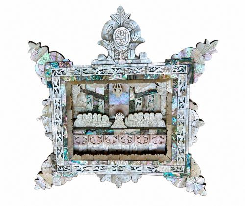 Antique Jerusalem Mother of Pearl Abalone last Supper Diorama Icon C.1900 Picture Art Frame
