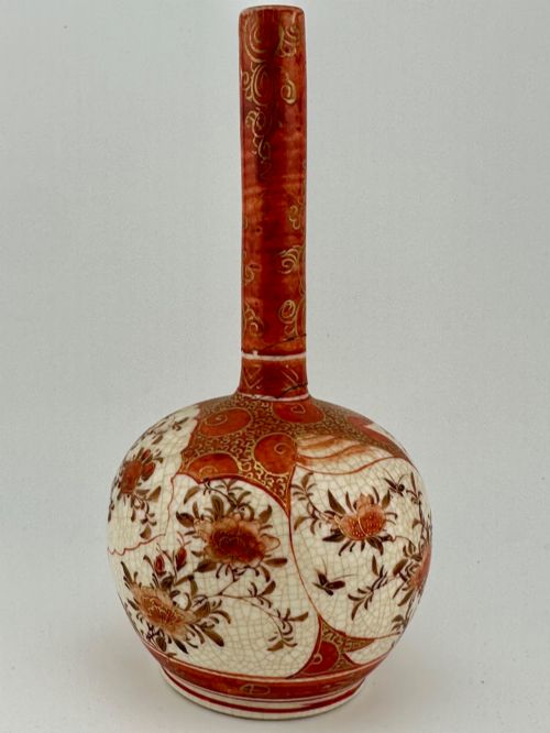 Antique Japanese Meiji Kutani Long Neck Bottle Vase, Iron Red & Gilt, C.1880