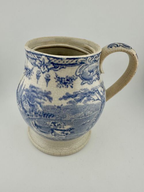 Large Early Victorian Blue & White Transferware Cattle Treacle Jar Jug C.1840