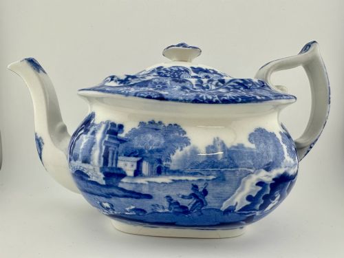 fig 2. An antique blue and white transferware ceramic teapot in the Copeland Spode Blue Italian pattern featuring an Egyptian shape profile.