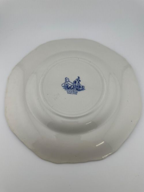 fig 1. An octagonal-edged blue and white transferware plate featuring a central classical chariot scene surrounded by an ornate feather-patterned border.