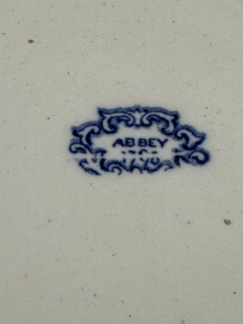 fig 4. A circular blue and white transferware ceramic dish featuring a central printed depiction of abbey ruins framed by a decorative scrolled border.