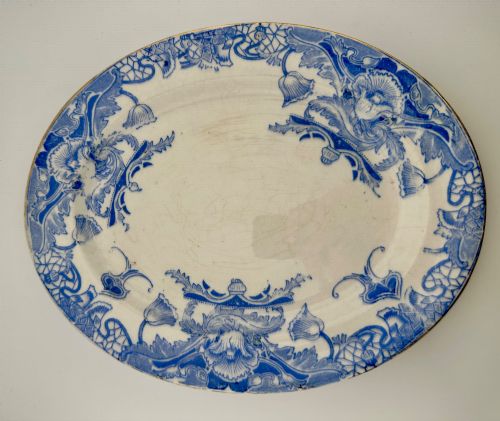 Early Victorian Oval Platter Plate Staffordshire Pale Blue Transferware Gilt Small C.1850