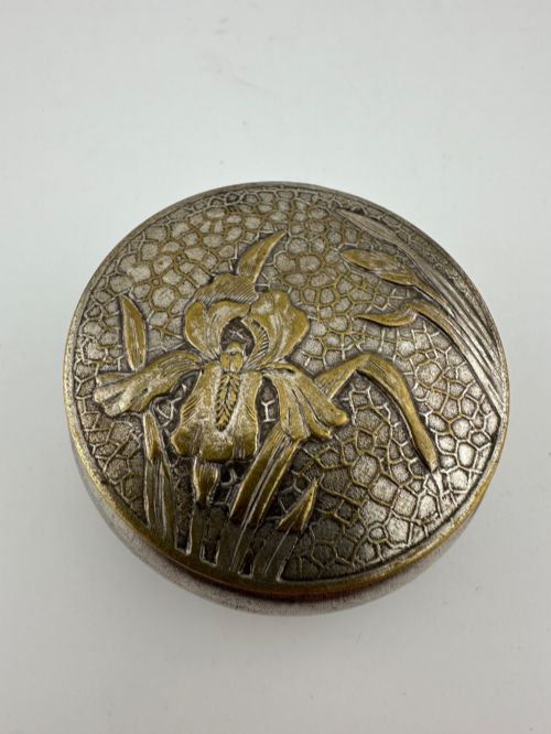 Antique Art Nouveau Iris Floral White Metal Mirrored Compact Box C.1910