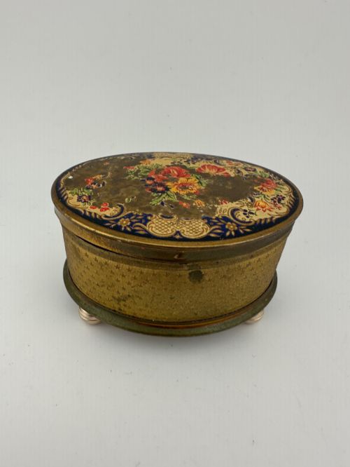 Vintage British Oval Floral Metal Jewellery Trinket Box Purple Velvet C.1930
