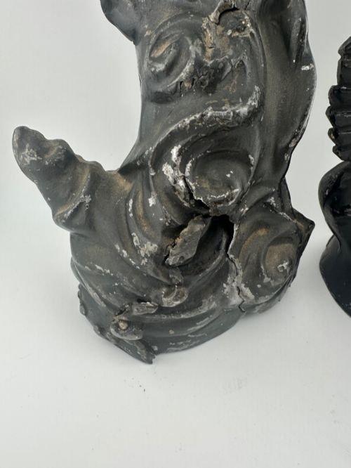 fig 3. A pair of dark bronze-finished French spelter allegorical figures raised on moulded circular bases representing Mutualite and Paix.