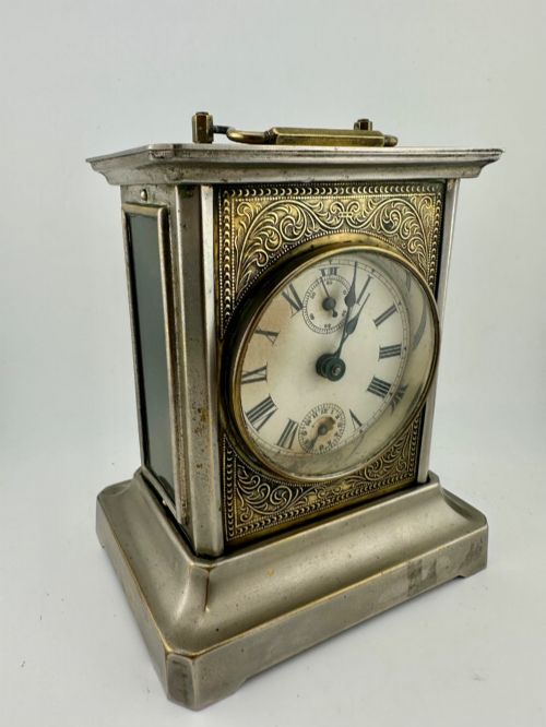 German Edwardian Musical Alarm Carriage Mantel Clock – Ornate Gilt & Silvered Case C.1900