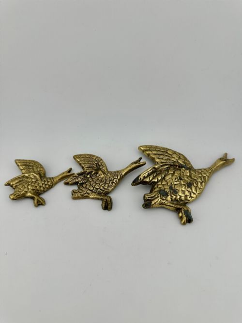 Vintage Set of 3 Graduated Cast Brass Flying Geese Wall Plaques C.1940