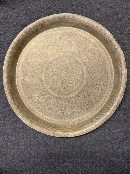 Large Antique Indian Hand Engraved Brass Tray Floral Design C.1900 58.5cm