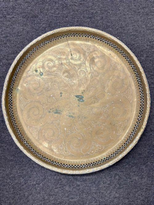 Large Antique Indian Engraved Brass Wall Charger Pierced Gallery Tray C.1900