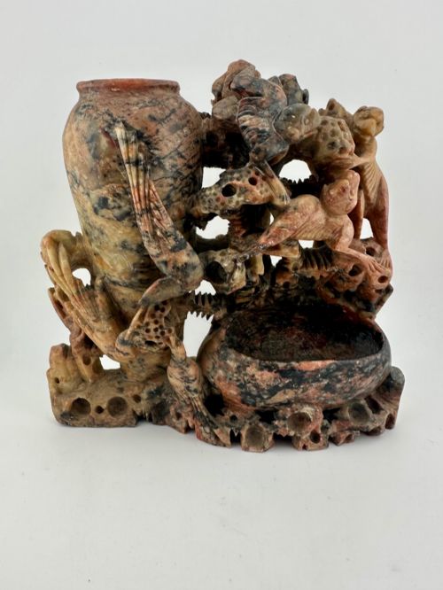 Antique Chinese Carved Soapstone Scholar’s Vase Brush Washer Birds Animals Qing C.1900
