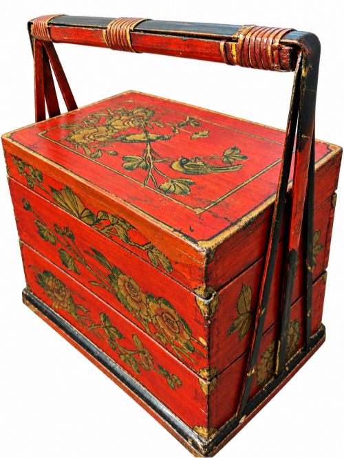 Antique Oriental Red Lacquer 3 Tier Wedding Food Carrier Hamper Basket C.1890