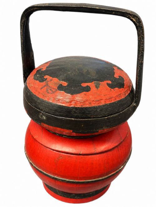 Pair Antique Chinese Red Black Lacquer Rice Baskets Koi Carp Food Picnic Carriers C1900