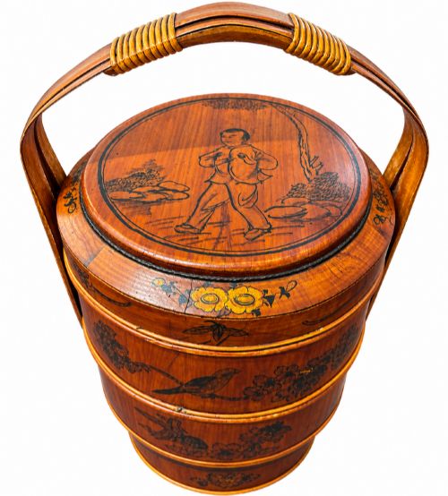 Lovely Chinese Painted Boy Bamboo Rice Carrier Wedding Food Basket Qing C.1890