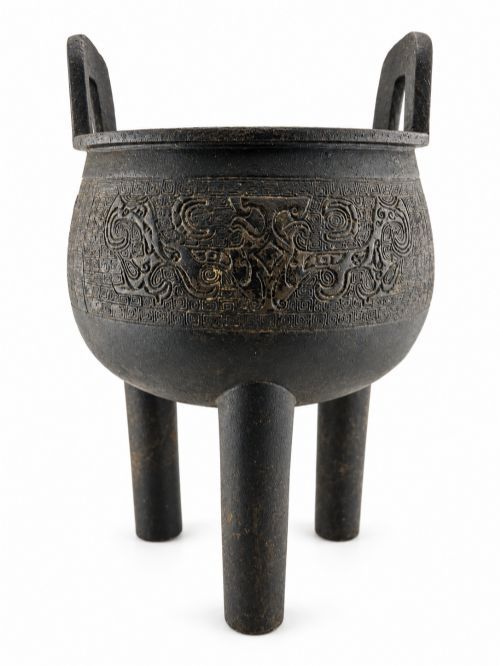 Large Chinese Qing Archaistic Bronze Ding Tripod Censer with Taotie Decoration 30cm