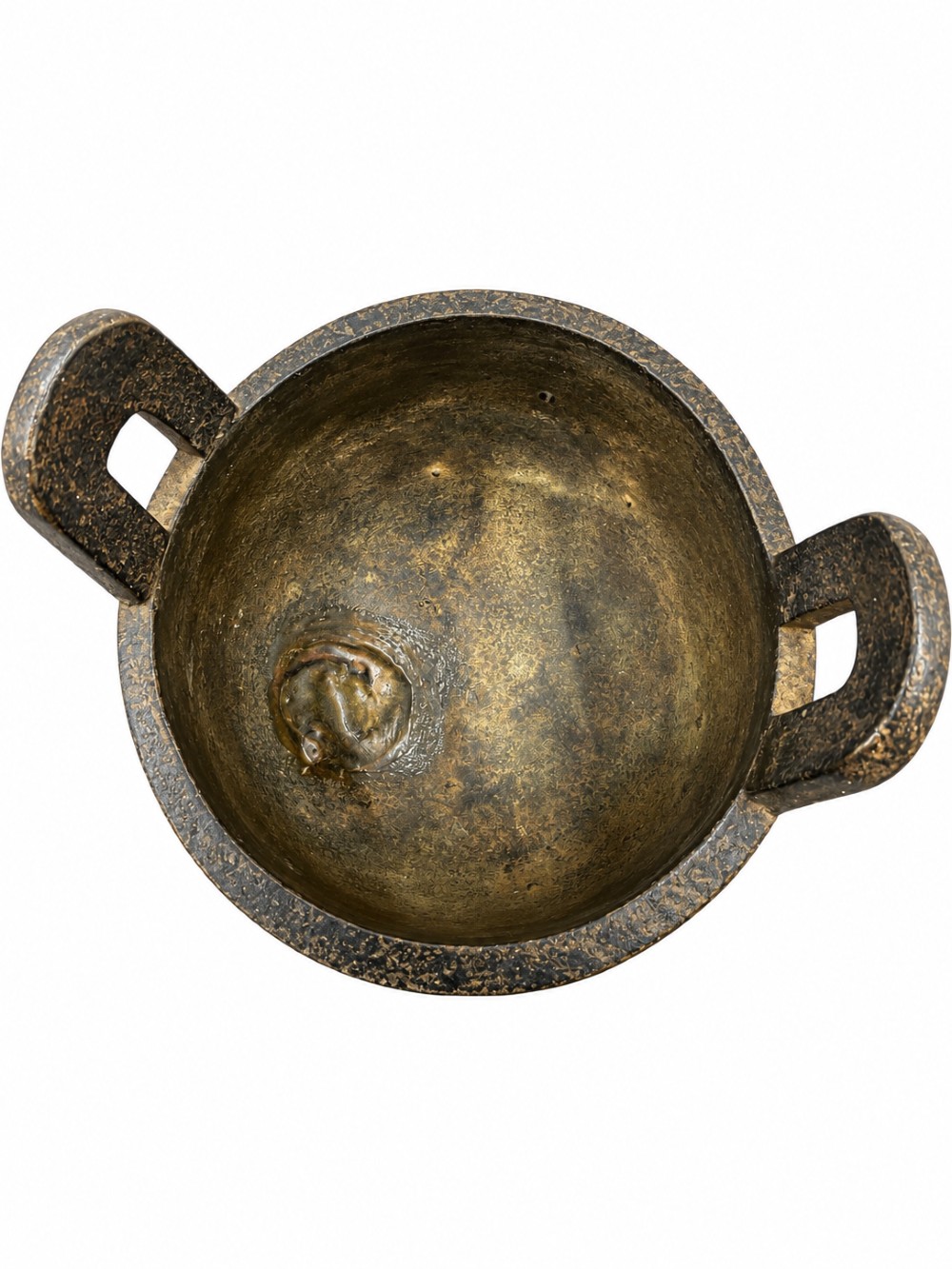 A dark patinated bronze tripod ding censer featuring three cylindrical legs, twin upright handles, and carved taotie mask relief decoration around the upper body. View X