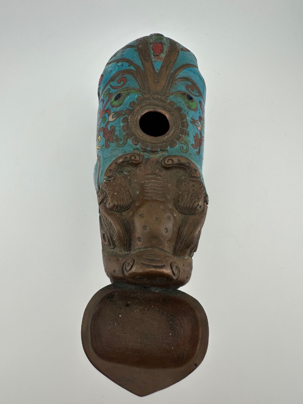 An antique Chinese bronze censer shaped as a mythical beast decorated with turquoise cloisonne enamel and colourful scrollwork. View IV
