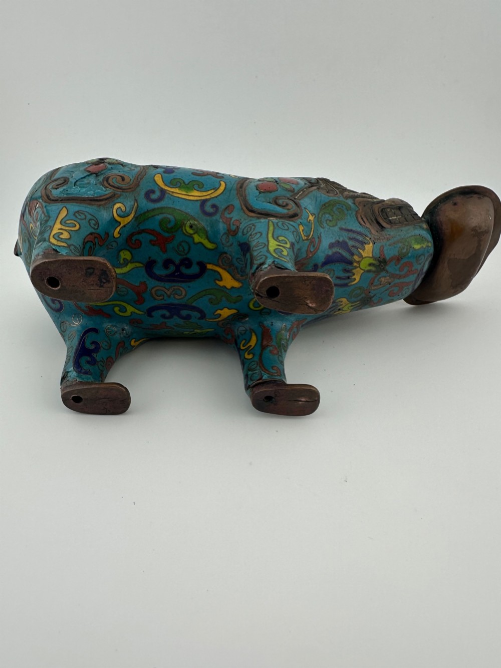 An antique Chinese bronze censer shaped as a mythical beast decorated with turquoise cloisonne enamel and colourful scrollwork. View VII