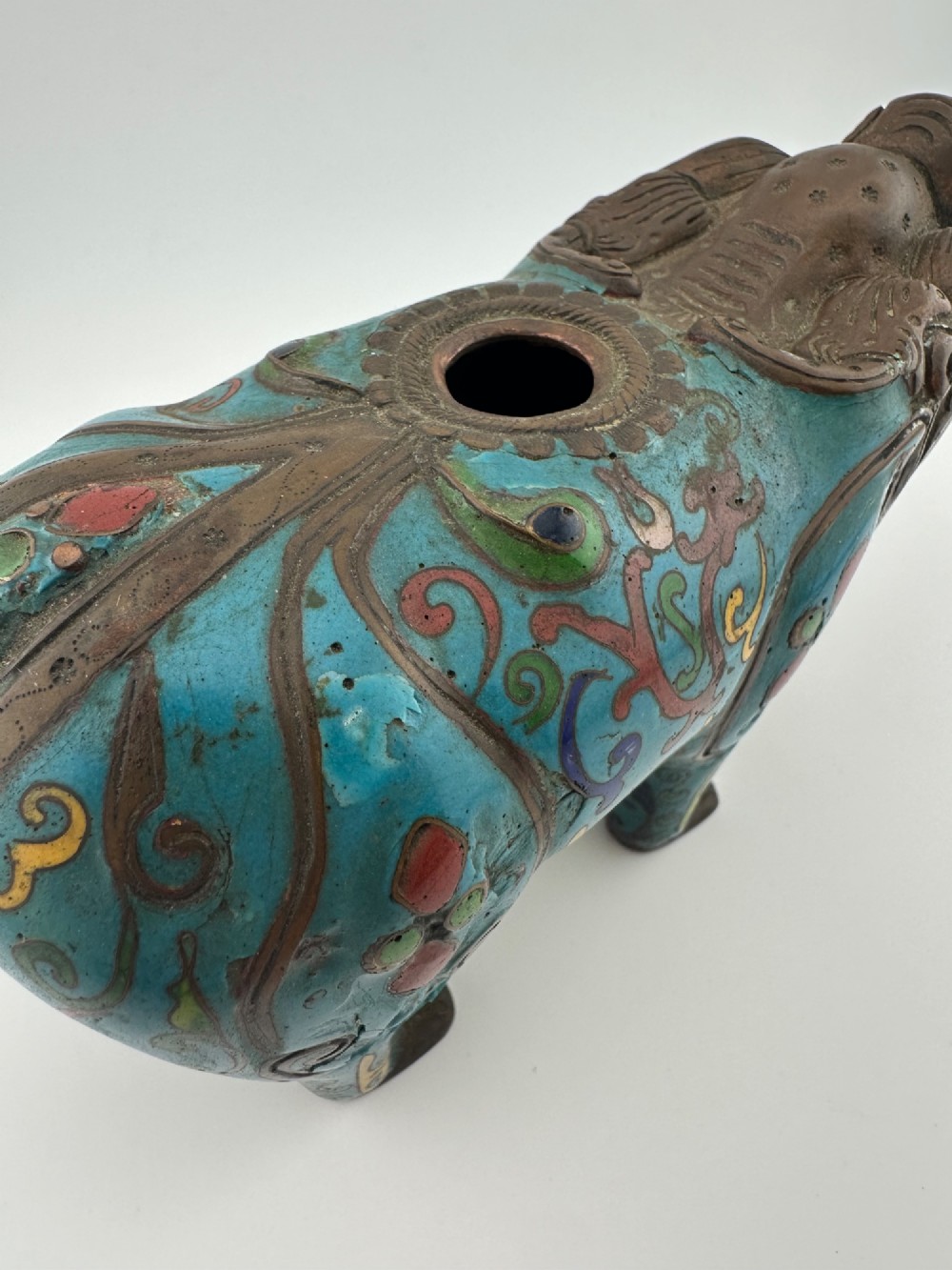 An antique Chinese bronze censer shaped as a mythical beast decorated with turquoise cloisonne enamel and colourful scrollwork. View XIV