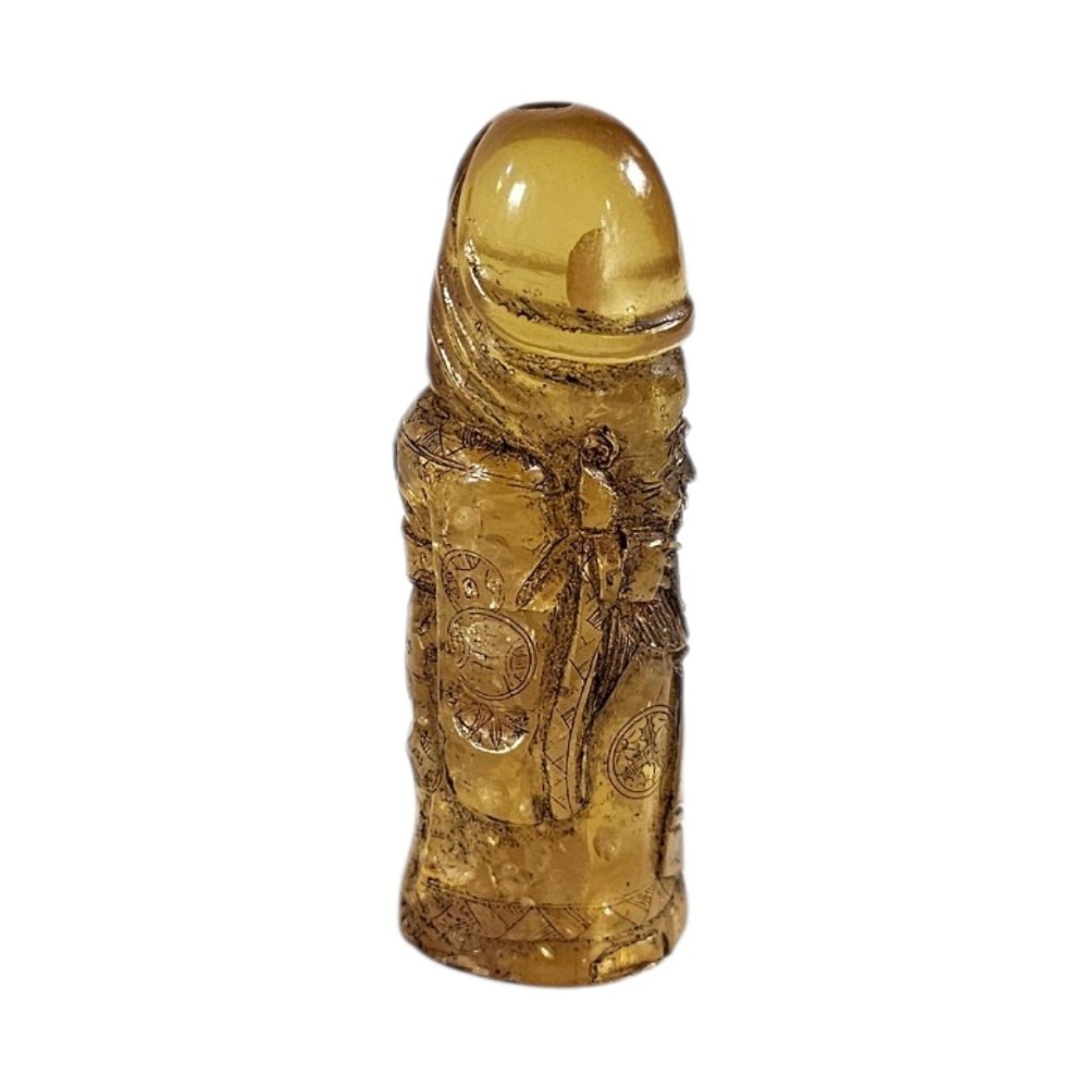 A hand-carved honey amber pendant depicting the Chinese deity Shoulao with incised robe detailing and a high domed head. View II