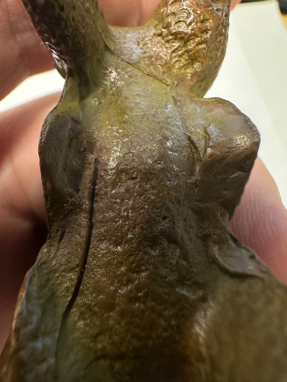 A small patinated dark brown bronze figure of a Chinese mythical beast, standing on four legs with an open mouth and raised tail. View X
