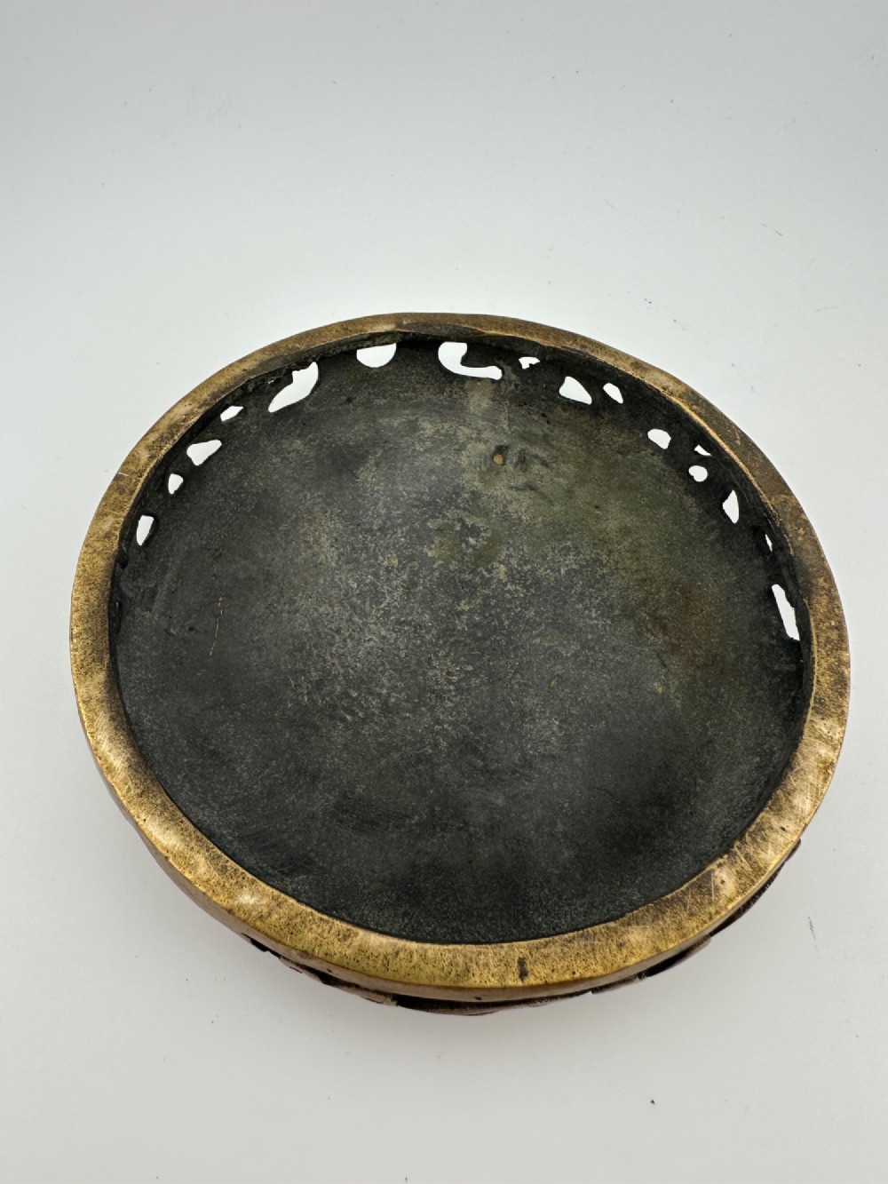 An antique gilded bronze Chinese censer featuring hardstone and jade cabochon inlays, beast-head handles, a pierced cover, and a matching carved stand. View XI