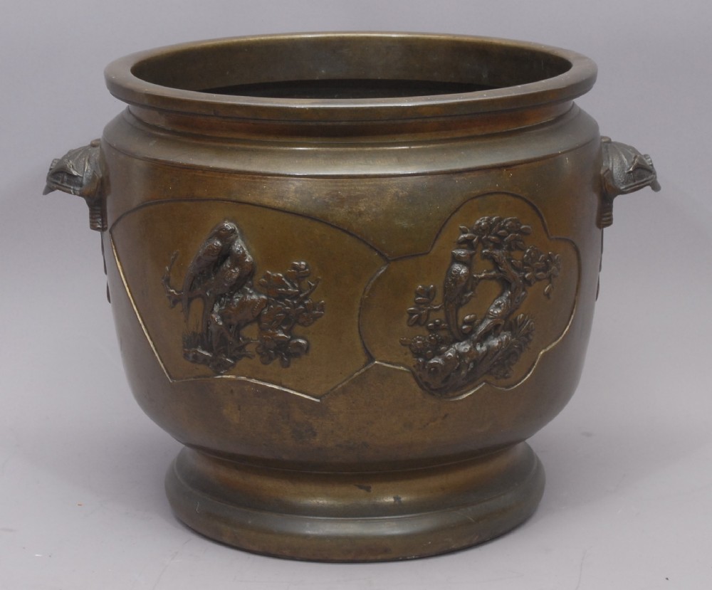 Antique Japanese Meiji Bronze Hibachi Jardiniere Mixed Metal Birds Kabuto c.1890 View II