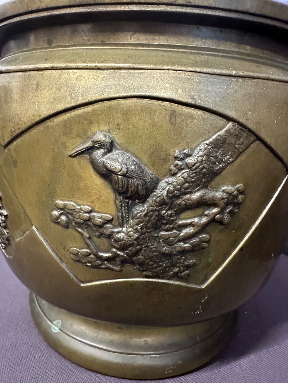 Antique Japanese Meiji Bronze Hibachi Jardiniere Mixed Metal Birds Kabuto c.1890 View IV