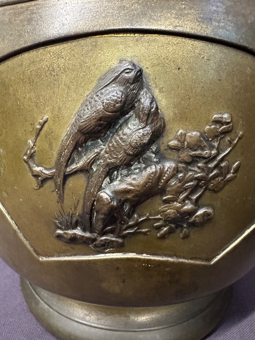 Antique Japanese Meiji Bronze Hibachi Jardiniere Mixed Metal Birds Kabuto c.1890 View V
