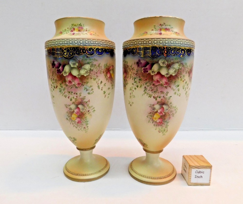 Pair Antique W&R Carlton Ware Blush Ivory Floral Pedestal Vases c.1910