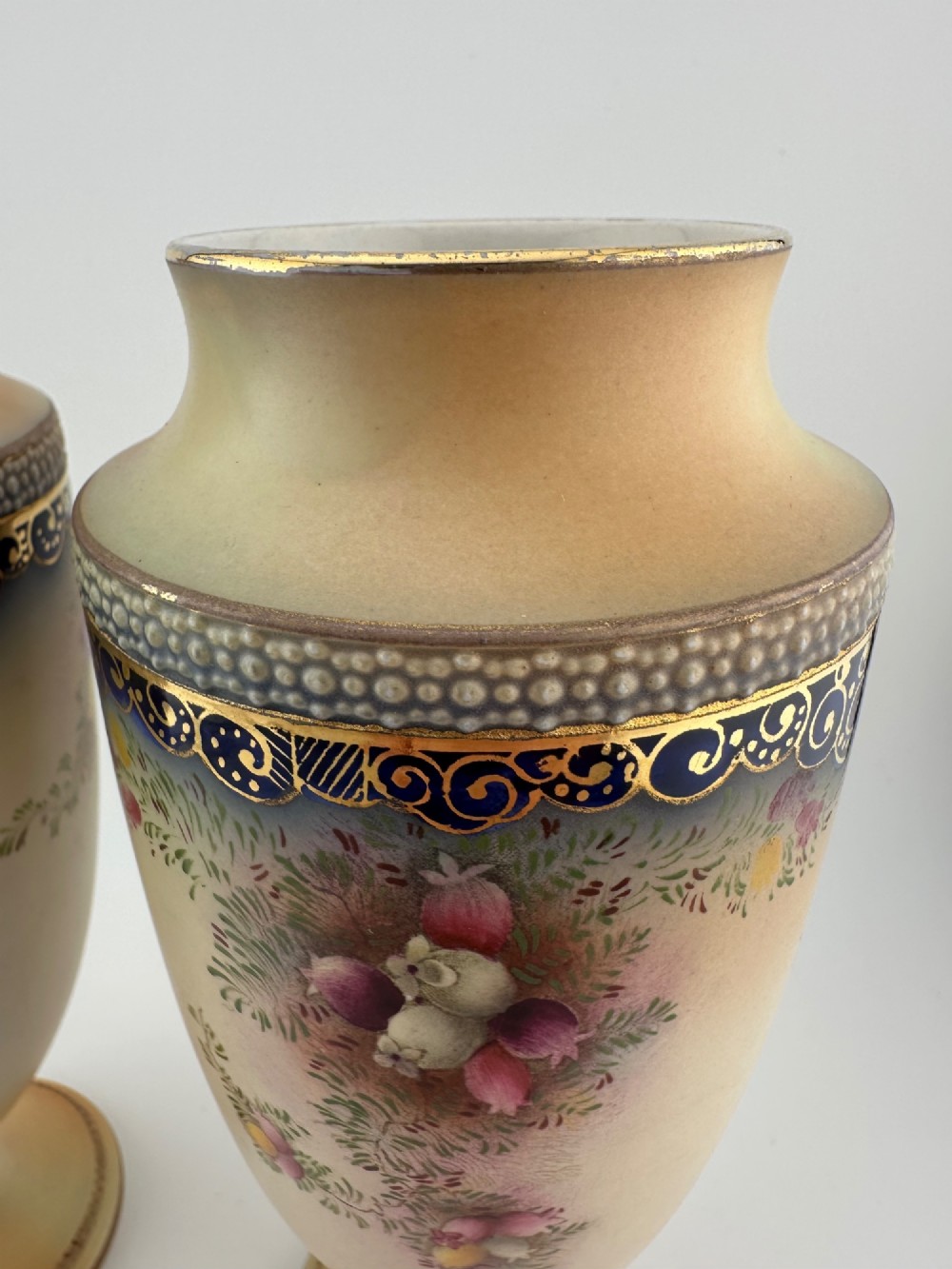 Pair Antique W&R Carlton Ware Blush Ivory Floral Pedestal Vases c.1910 View VI