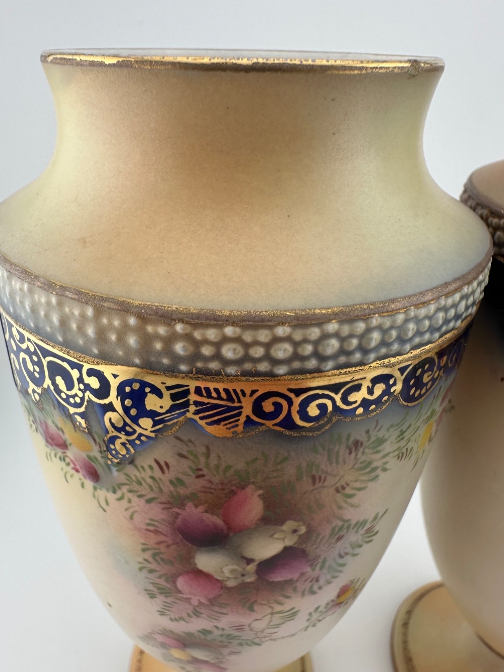Pair Antique W&R Carlton Ware Blush Ivory Floral Pedestal Vases c.1910 View VII