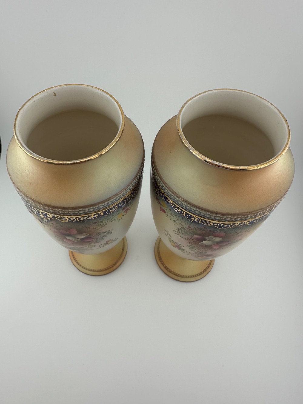 Pair Antique W&R Carlton Ware Blush Ivory Floral Pedestal Vases c.1910 View VIII
