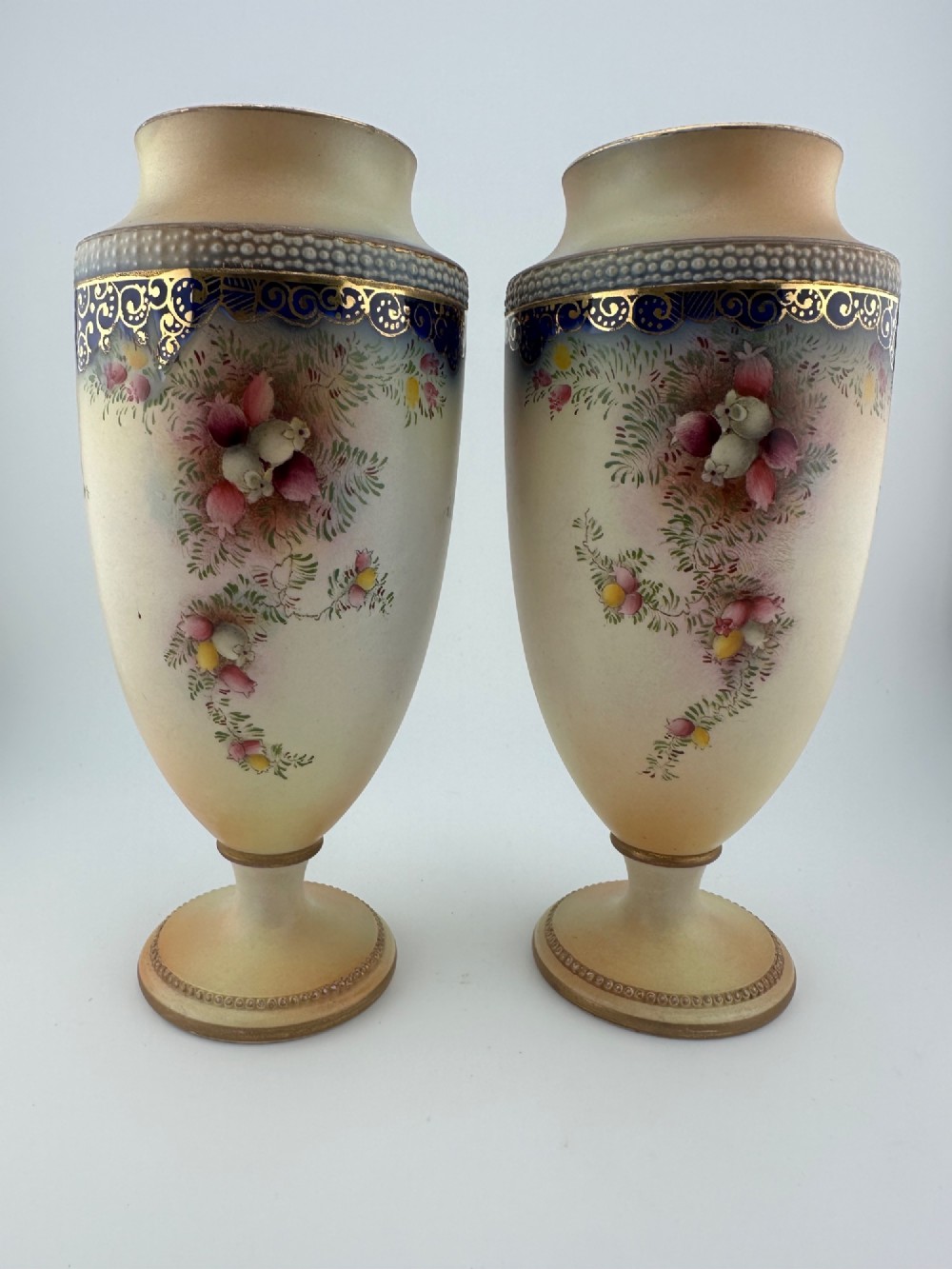 Pair Antique W&R Carlton Ware Blush Ivory Floral Pedestal Vases c.1910 View IX