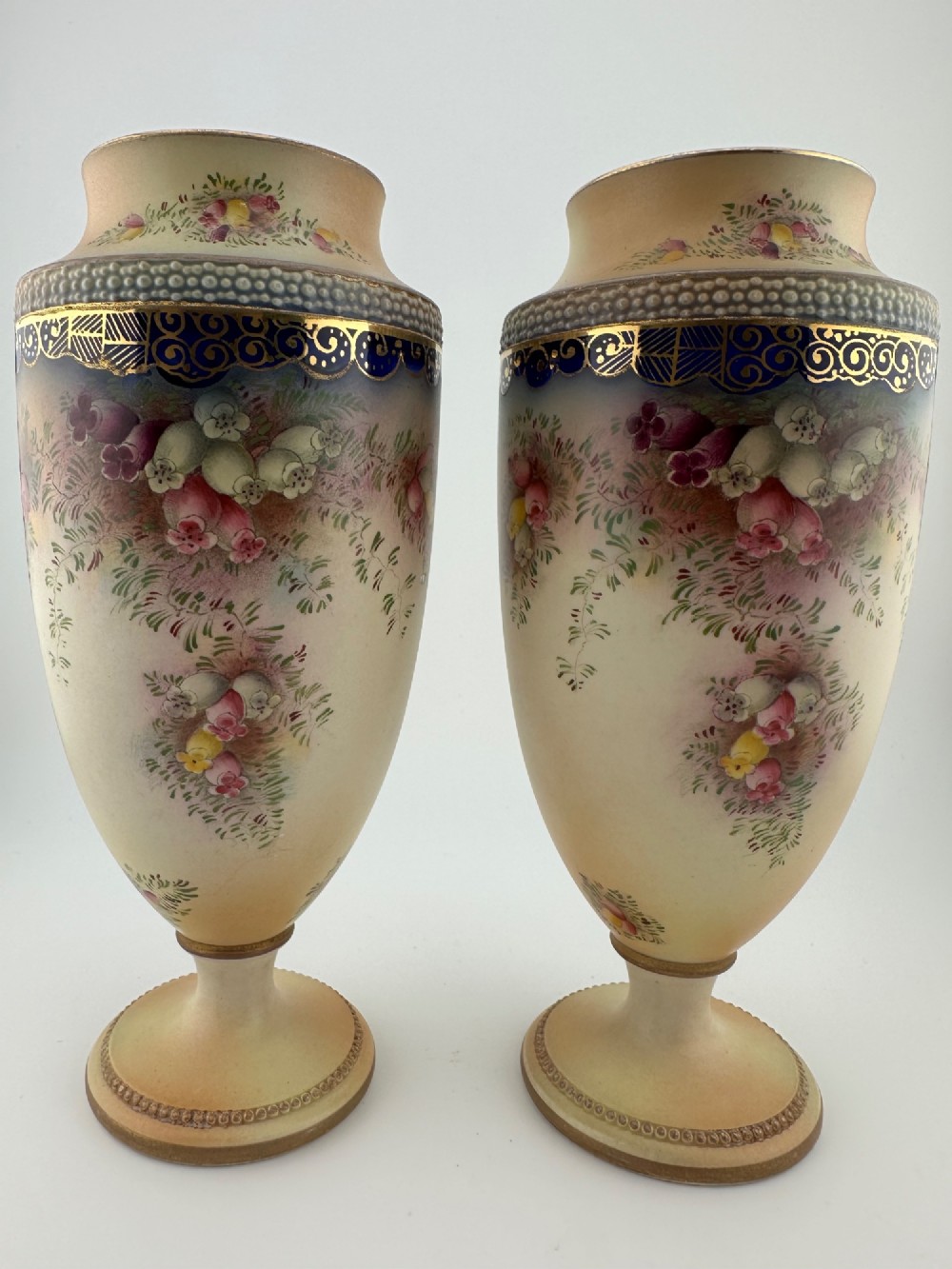 Pair Antique W&R Carlton Ware Blush Ivory Floral Pedestal Vases c.1910 View X